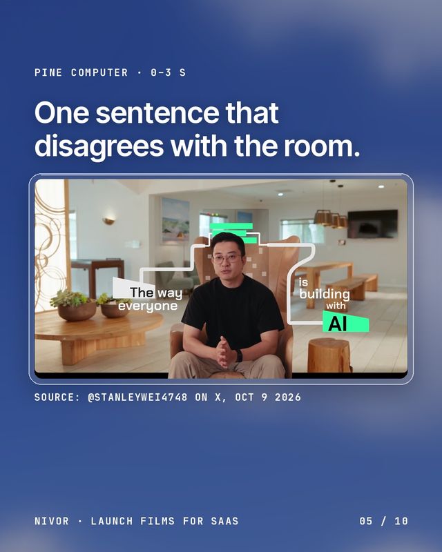Pine Computer, 0 to 3 seconds: one sentence that disagrees with the room.
